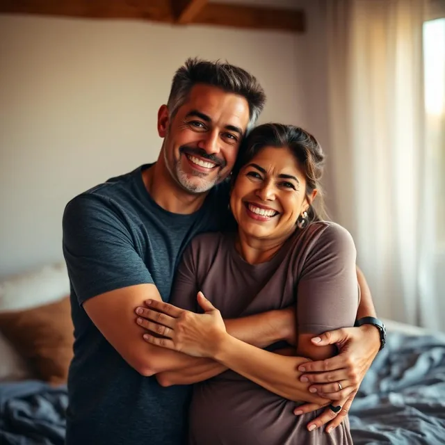 Casal sorrindo e se abraçando